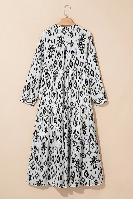 Tiered Printed Notched Long Sleeve Midi Dress