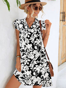  Floral Tie Neck Butterfly Sleeve Dress