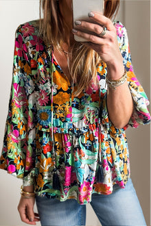  Printed Tie Neck Long Sleeve Blouse