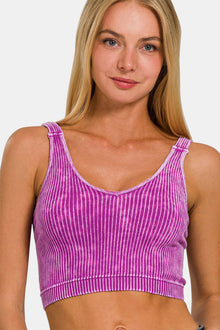  Zenana Washed Ribbed Cropped V-Neck Tank