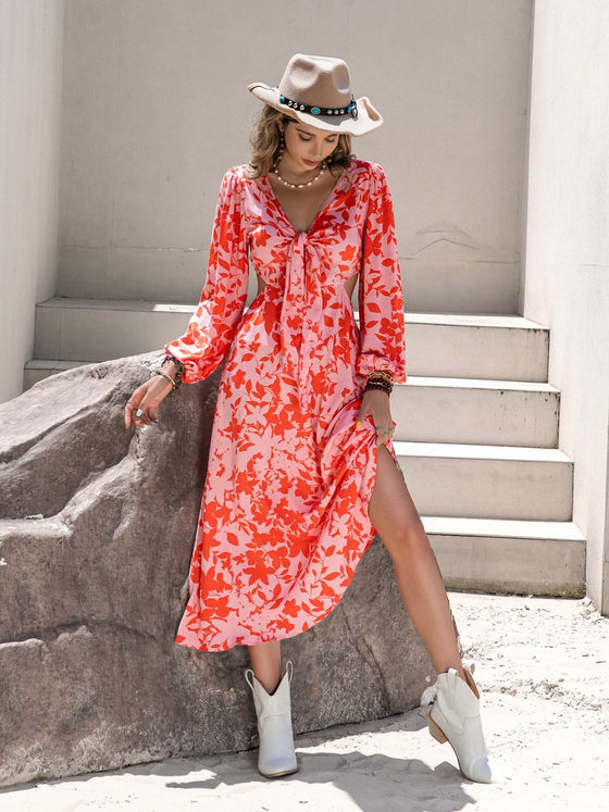 Printed Long Sleeve Midi Dress | Tied Cutout Dress | Cori Michelle