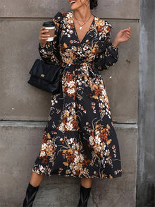  Ruffled Printed Surplice Long Sleeve Midi Dress