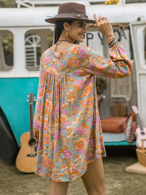 Floral Ruched V-Neck Long Sleeve Dress