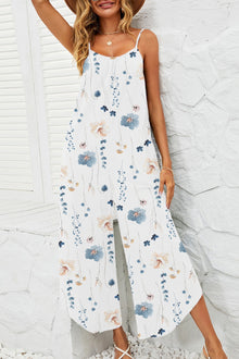  Shiny Printed Scoop Neck Wide Leg Jumpsuit