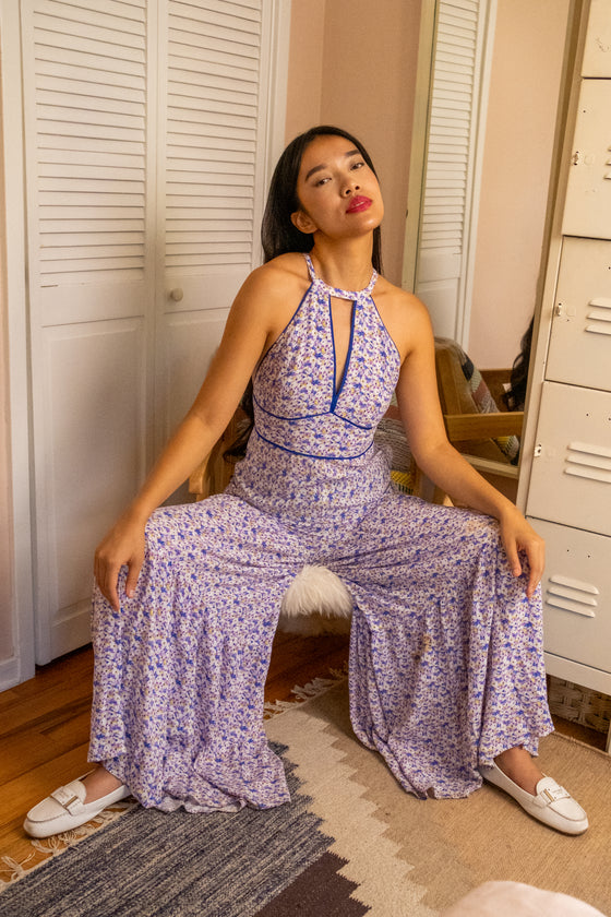 Aster Jumpsuit in Ditsy Daisy Navy/Purple print