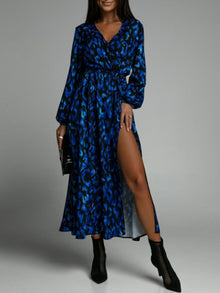  Printed Split Hem V-neck Long Sleeve Dress