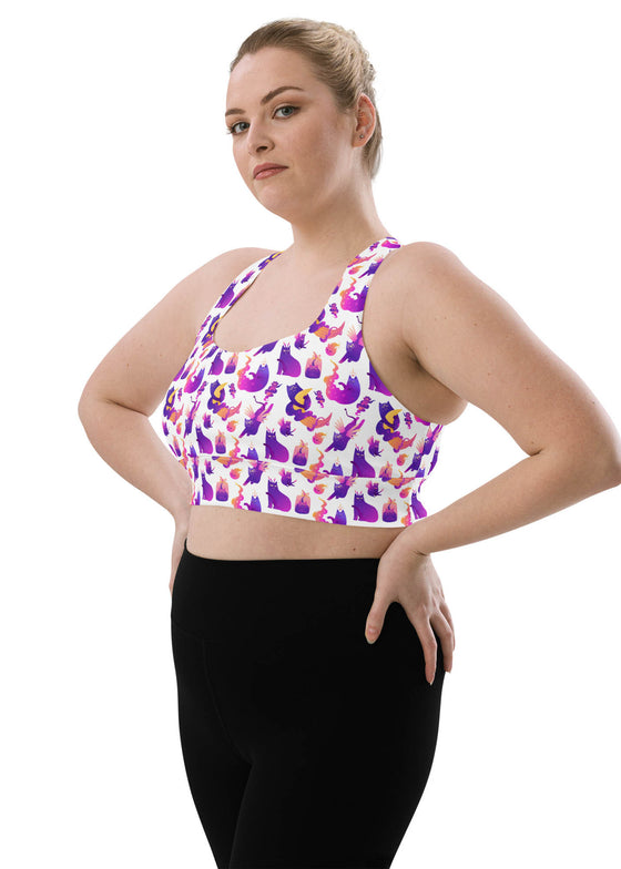 Longline sports bra - Witchy Kitties - White