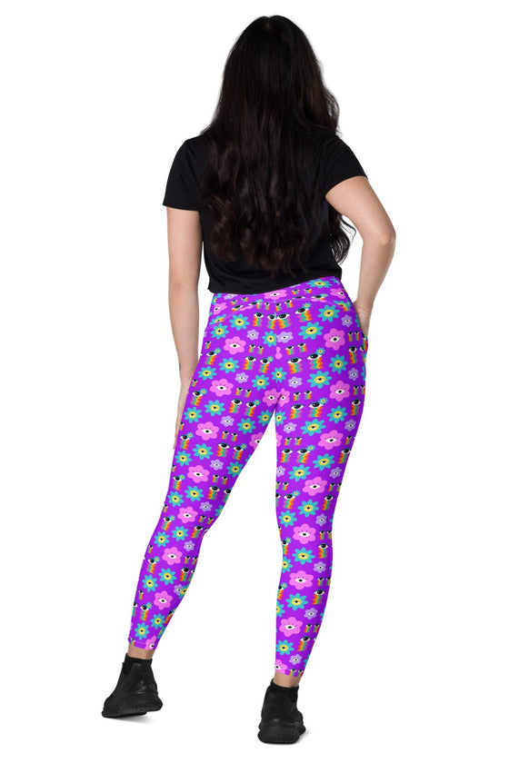 High-Waisted Leggings with Pockets - 70's Vibes - Purple/Pink