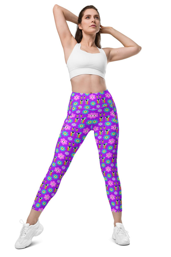 High-Waisted Leggings with Pockets - 70's Vibes - Purple/Pink