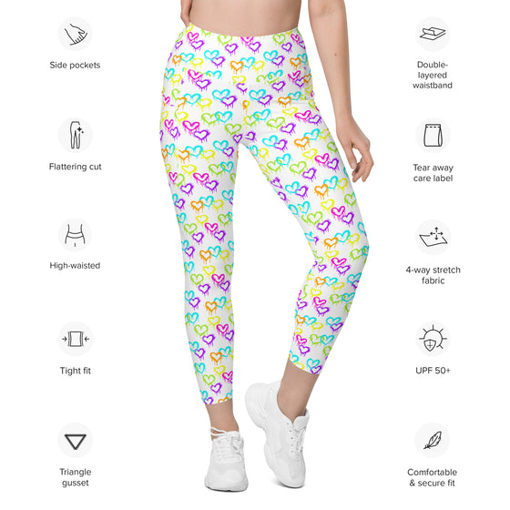 Leggings with pockets- Melting Hearts - White
