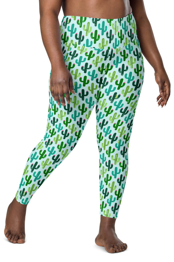 Leggings with pockets - Seeking Saguaros - Light Cyan