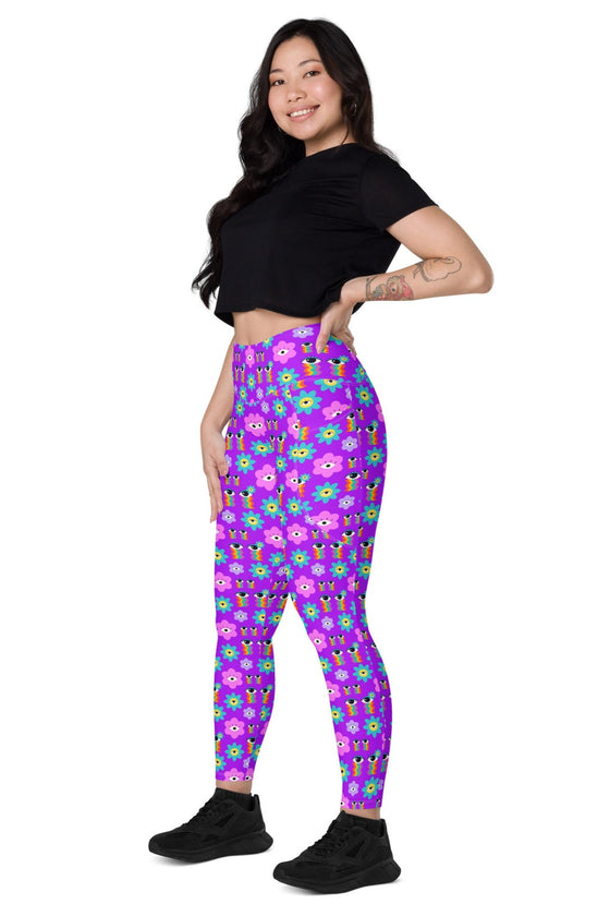 High-Waisted Leggings with Pockets - 70's Vibes - Purple/Pink