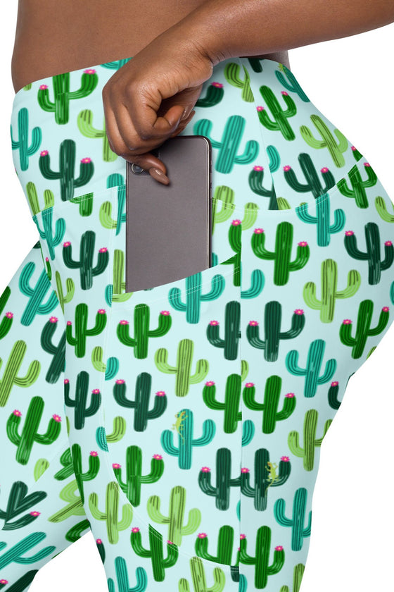 Leggings with pockets - Seeking Saguaros - Light Cyan