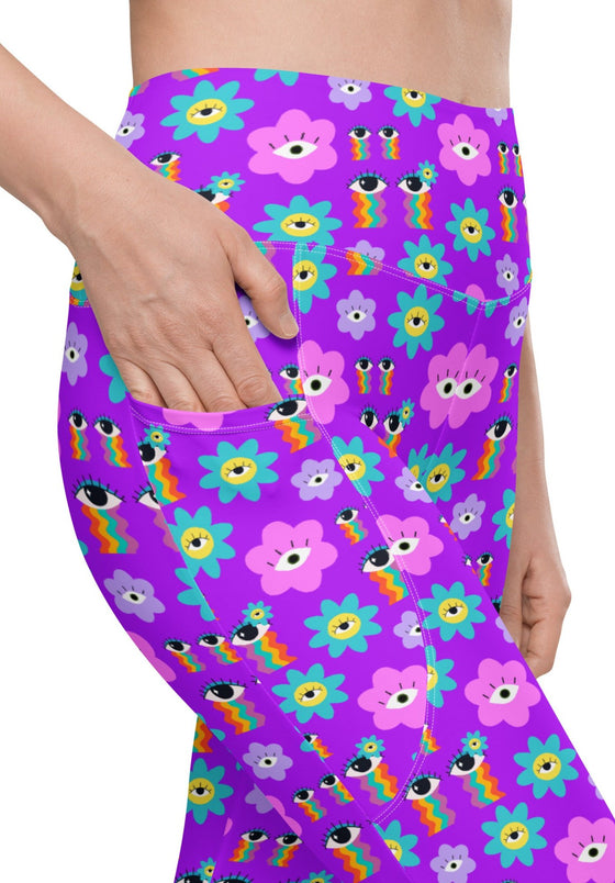 High-Waisted Leggings with Pockets - 70's Vibes - Purple/Pink