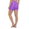 Side back view of retro floral yoga shorts in purple, ideal for yoga and workouts.