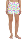 Full front view of white high-waisted yoga shorts featuring vibrant heart design