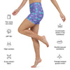 Technical details of galaxy cat yoga shorts, showcasing fabric and care information