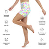 Technical details of white melting heart yoga shorts, showing fabric composition and care instructions