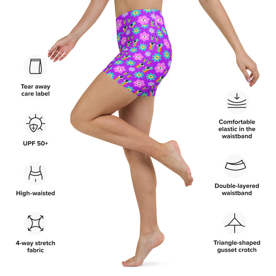 Technical details of 70’s vibes purple yoga shorts, featuring high-waisted fit and fabric details.