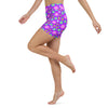 Side view of retro floral yoga shorts in purple, ideal for yoga and workouts.