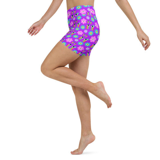 Side view of retro floral yoga shorts in purple, ideal for yoga and workouts.