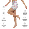 Technical details of  floral yoga shorts showing fabric composition and care instructions.
