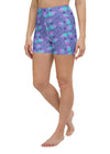 Front view of model in high-waisted slate blue yoga shorts with galaxy cat print