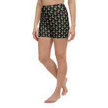  Front view of black high-waisted yoga shorts with bold neon rose floral print.