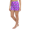 Front view of high-waisted yoga shorts with retro 70’s-inspired floral print in purple.