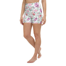  Front view of white high-waisted yoga shorts with delicate fall floral print.