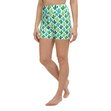  Front view of high-waisted yoga shorts in light cyan featuring a playful saguaro lizard print.
