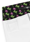 Close-up of small inside pocket in black yoga shorts with neon rose design, ideal for essentials.