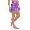 Relaxed side profile of purple floral yoga shorts with retro design, showcasing comfort.