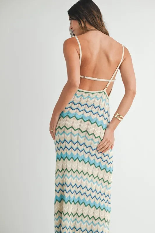  Back view of the Aqua Lightweight Pointelle Knit Maxi Dress displaying the open back and knit design.