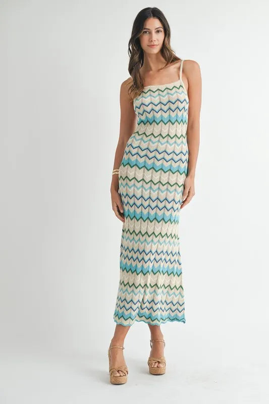 Front view of the Aqua Lightweight Pointelle Knit Maxi Dress with delicate knit detailing and breezy silhouette.
