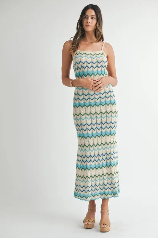 Full front shot of the Aqua Lightweight Pointelle Knit Maxi Dress featuring a lightweight fabric and flowy design.