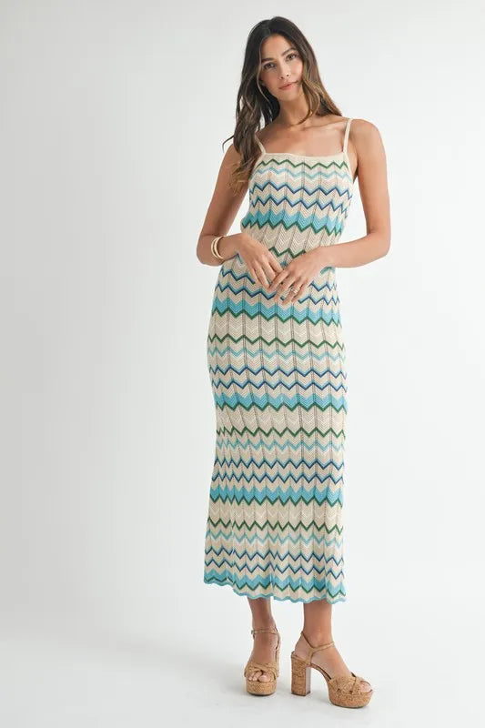 Straight-on front view showcasing the airy and soft texture of the Aqua Lightweight Pointelle Knit Maxi Dress.