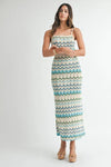 Front profile of the Aqua Lightweight Pointelle Knit Maxi Dress with its flowing maxi length and knit pattern.