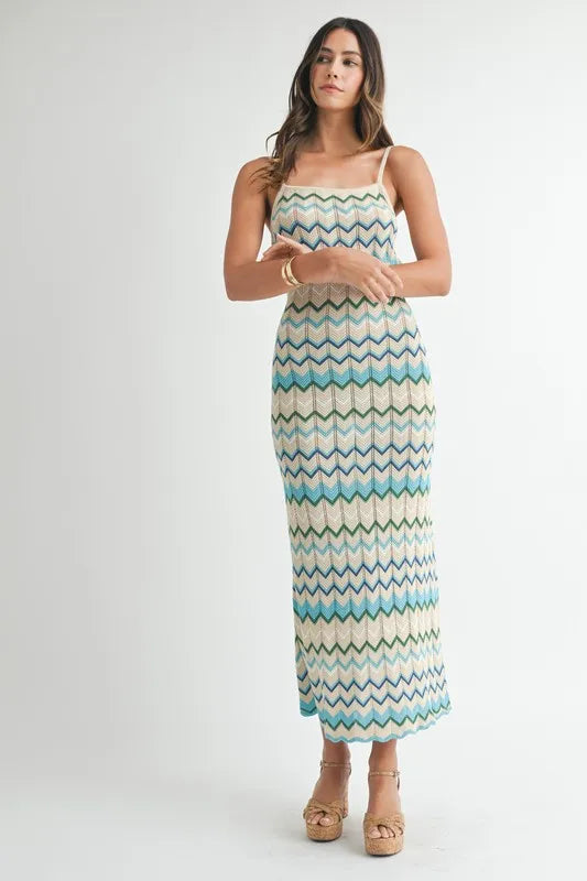 Front profile of the Aqua Lightweight Pointelle Knit Maxi Dress with its flowing maxi length and knit pattern.