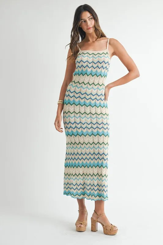 Front view focusing on the elegant drape and lightweight feel of the Aqua Lightweight Pointelle Knit Maxi Dress.