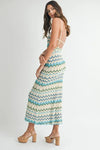 Side angle showing the lightweight drape and intricate details of the Aqua Lightweight Pointelle Knit Maxi Dress.