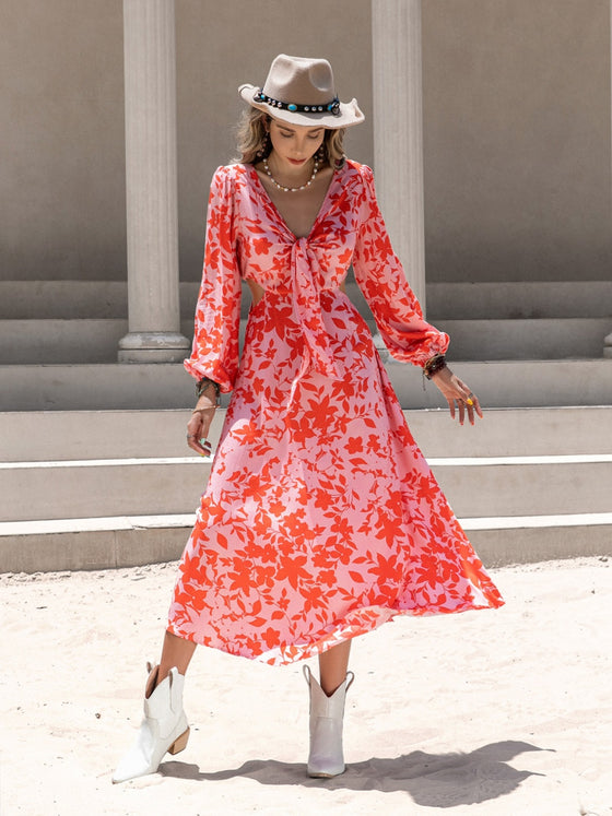 Printed Long Sleeve Midi Dress | Tied Cutout Dress | Cori Michelle