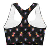 Closeup of racerback and stitching on black Beetle Bug print sports bra. Made with eco-friendly compression fabric for breathable and supportive performance.