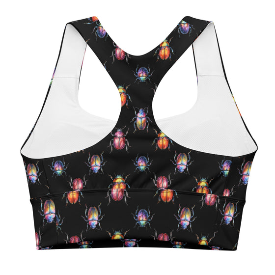 Closeup of racerback and stitching on black Beetle Bug print sports bra. Made with eco-friendly compression fabric for breathable and supportive performance.