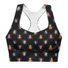 Closeup of Beetle Bug print on front of black high impact sports bra. Features removable padding, double-layered support, and a sleek longline silhouette.