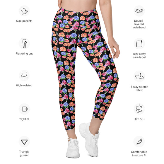 Detailed view of Black Floral High Waisted Leggings with Pockets, showcasing the elegant floral pattern, high-waisted support, and functional pockets for a versatile activewear option.