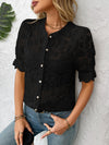 Black half sleeve shirt with floral lace details in a front pose, offering a romantic yet bold fashion look.