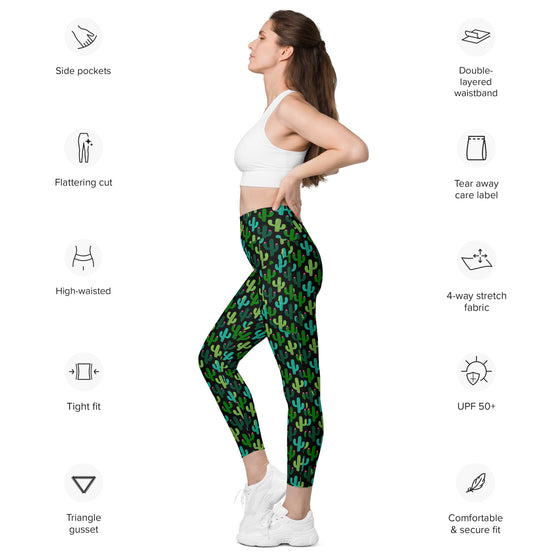 Black high-waisted leggings for women featuring side text details, showcasing tummy control, moisture-wicking fabric, and a secure waistband for workouts.