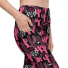 Close-up of black leggings with vibrant pink cactus print and deep side pockets. Compression leggings with pockets for women, perfect for yoga or gym.