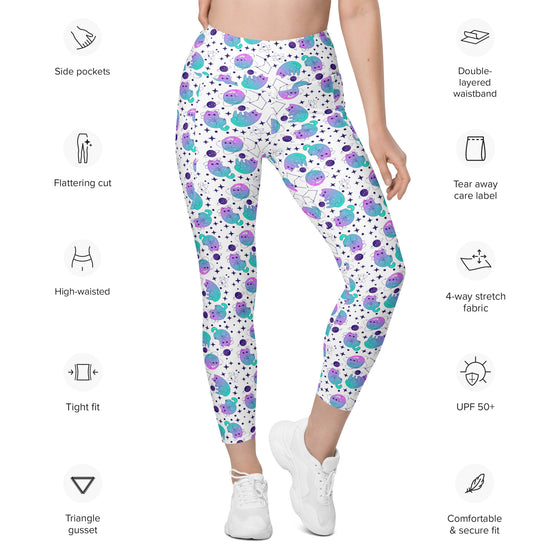 Text Details of black leggings for women and Cosmic Cats White High-Waisted Leggings with pockets. Offering both style and comfort with a unique cosmic design.